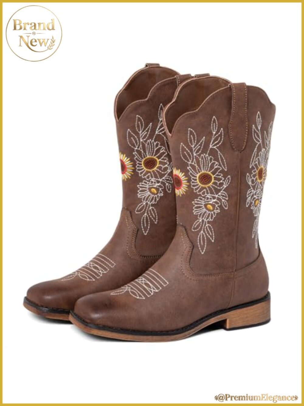 SheSole Women's Square Toe Cowboy Boots Floral Embroidered Mid-Calf Western